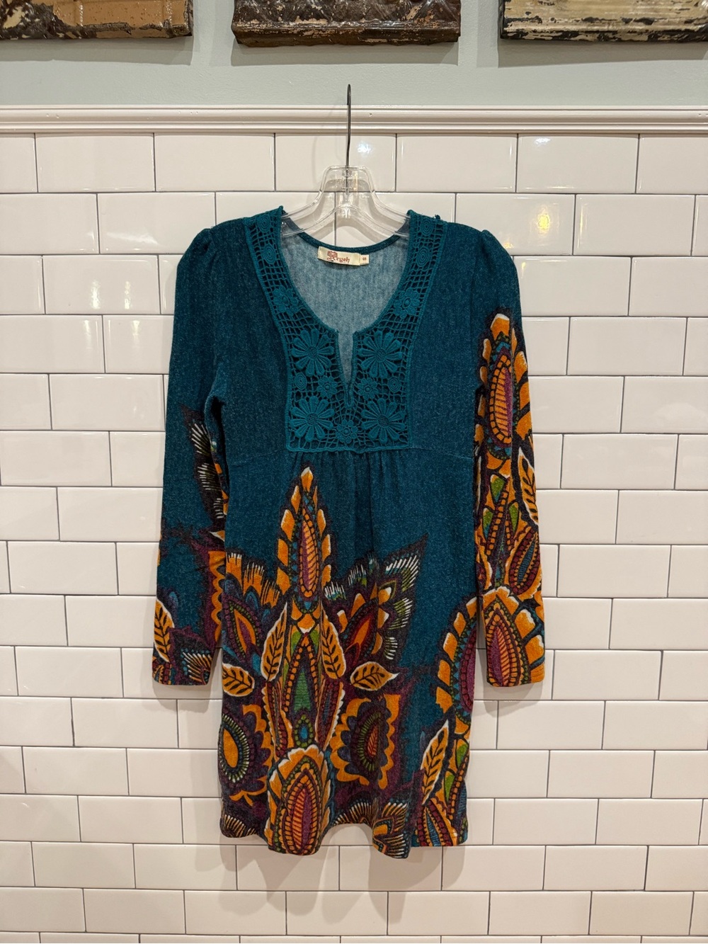 Aryeh Teal Crochet Yoke Dress